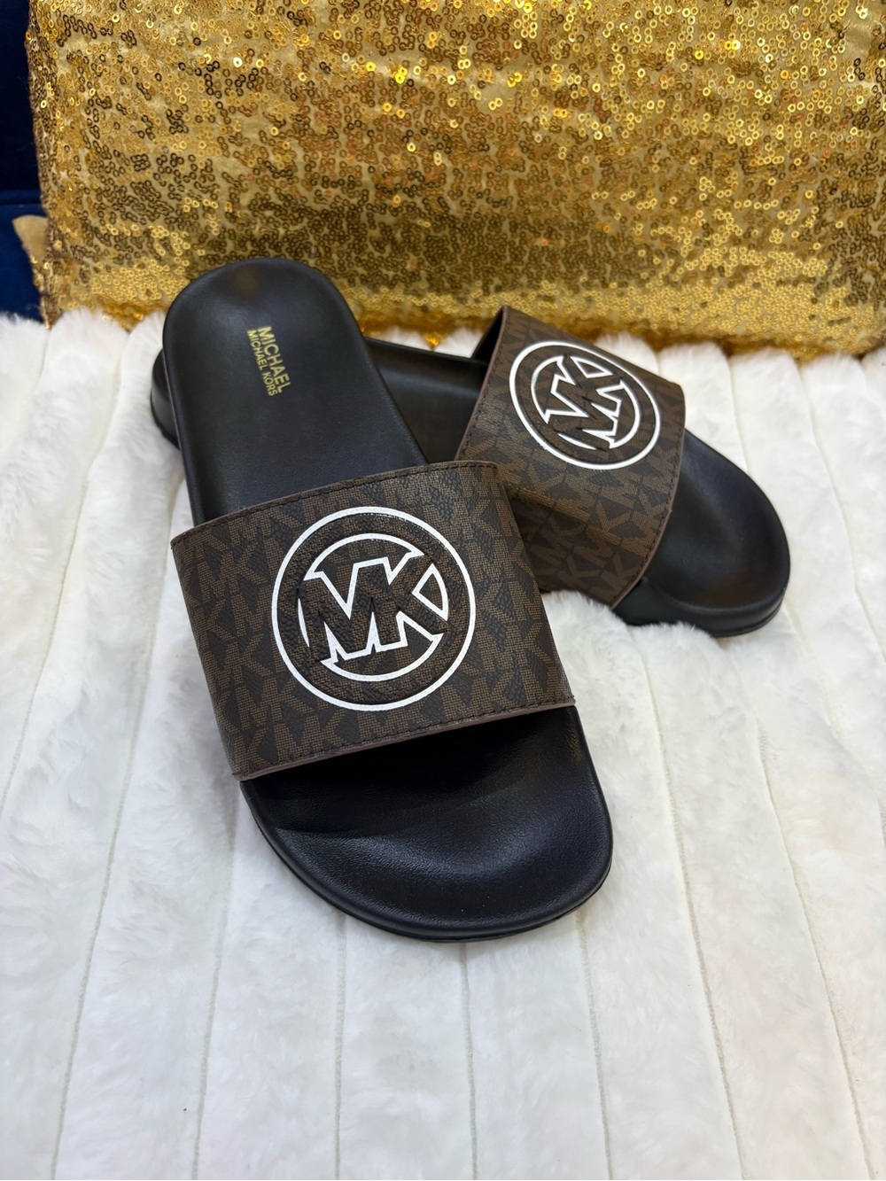 Michael Kors Brown & Black MK Logo Slide Sandals